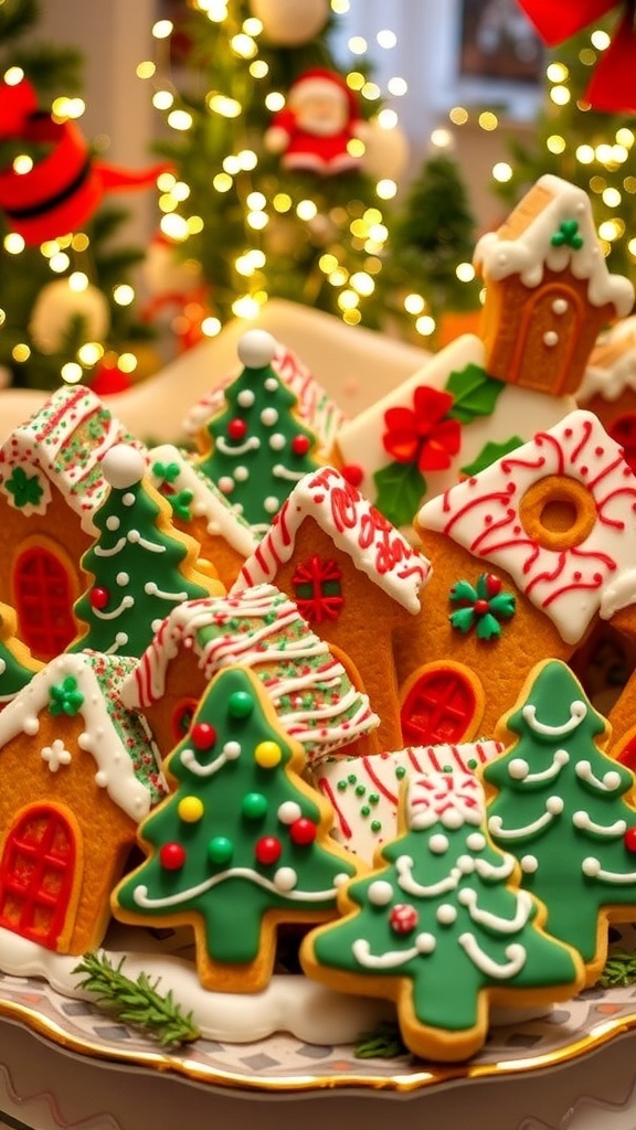 Decorated Christmas Town Doodles cookies on a platter with holiday decorations in the background.